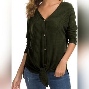 Dark Green Waffle Knit Tie Front Shirt, Size S